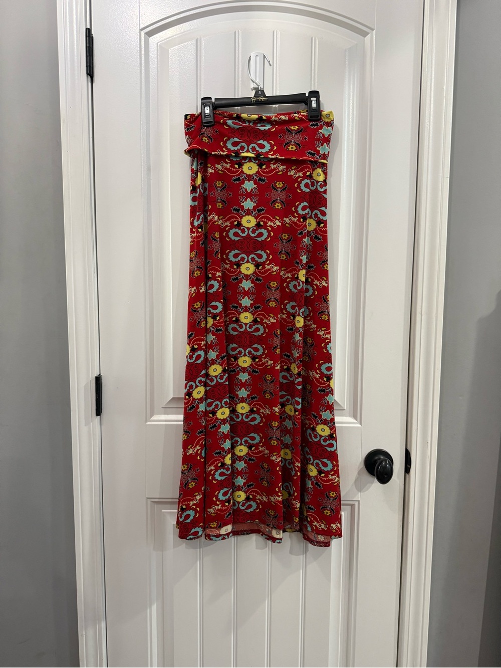 LuLaRoe Red Floral Maxi Skirt with Yellow and Blue Motifs